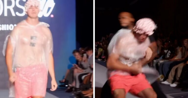 Watch: Prankster Crashes New York Fashion Show Wearing Garbage Bag And Shower Cap